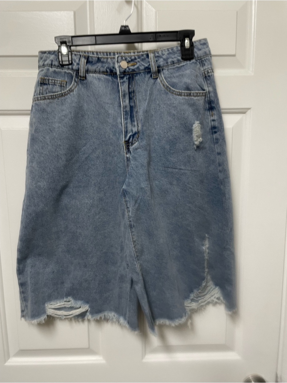 Distressed Light Blue Denim Long Shorts